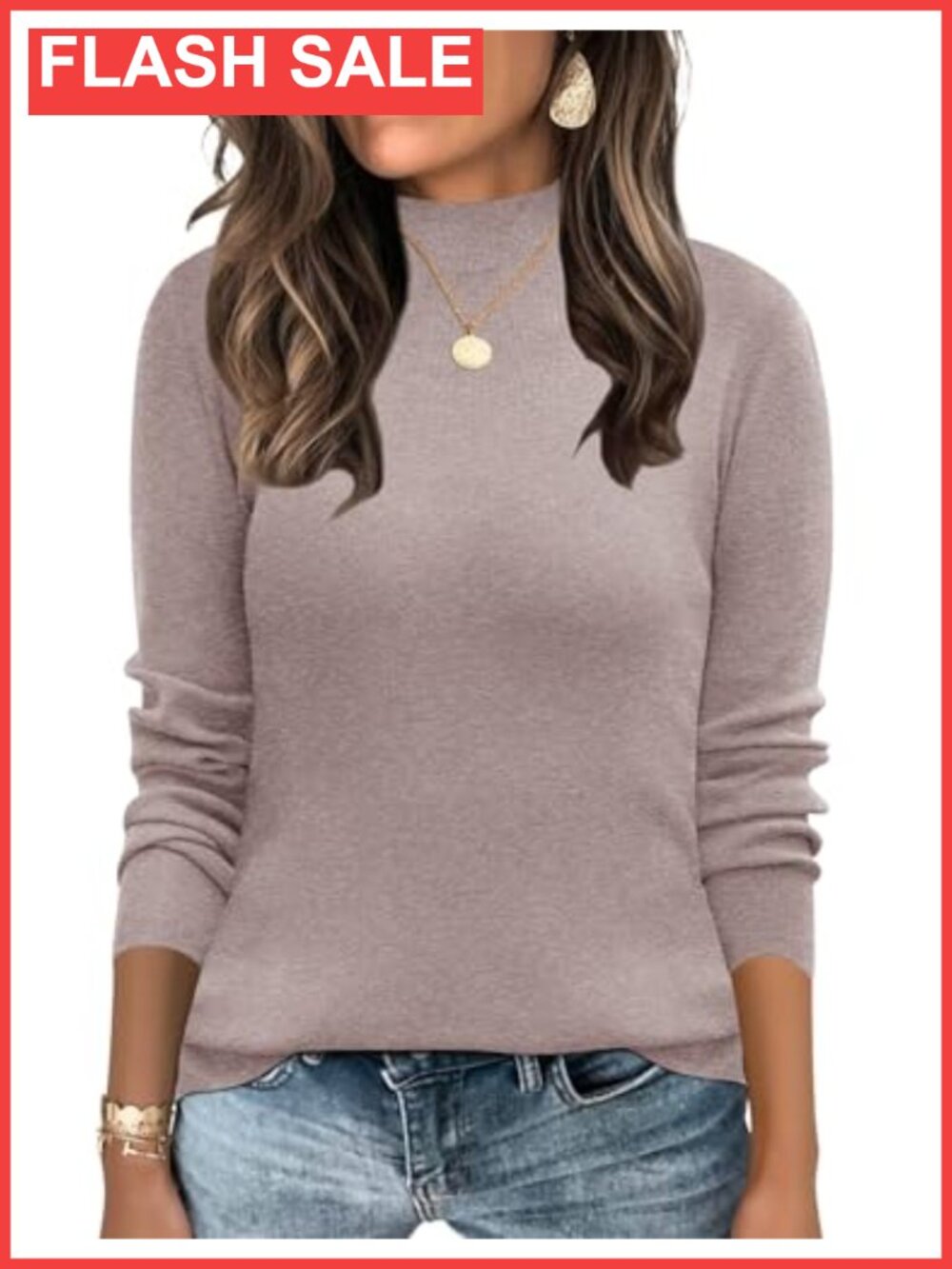 Mock Neck Long Sleeve Knit Pullover Sweater Dressy Casual Loose Fit